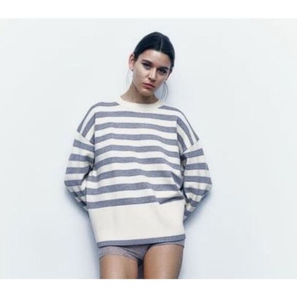 Zara boxy cut cream and gray striped crewneck sweater - L - Picture 2 of 9